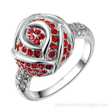 Platinum plated copper finger ring with Austrian crystal zircons, rose flower style
